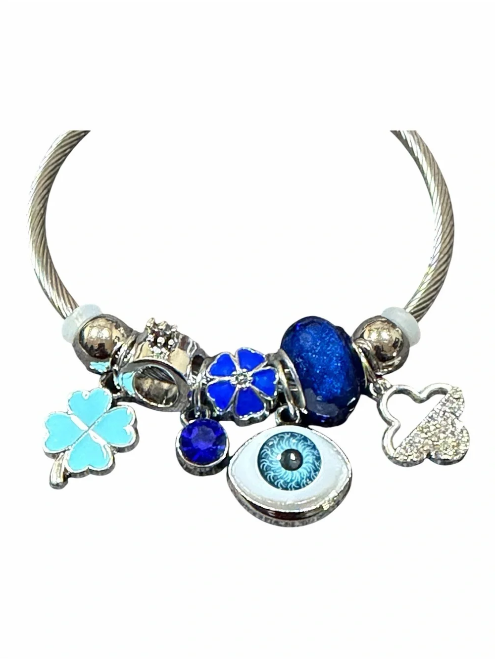 Silver Charm Twisted Bangle with Blue Eye and Blue Floral Charms